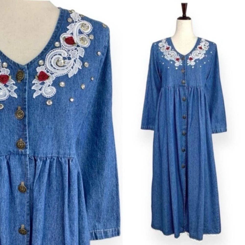 Vintage 90s Mirage Denim Midi Dress Blue Size M Art To Wear Cottagecore Prairie
